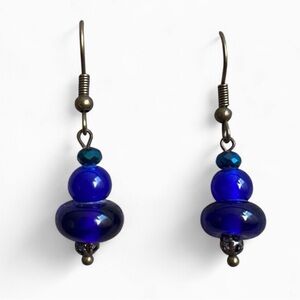 Handcrafted Glass Lampwork Bead Earrings | Sapphire Blue and Bronze Filigree